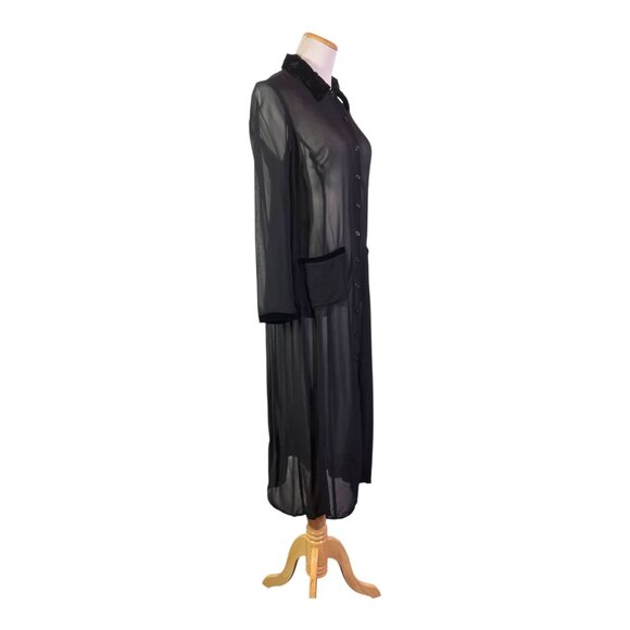 Vintage 1990s Johnny Was Size S Sheer Black Crepe Dress Velvet Trim - Picture 12 of 13